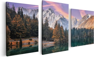 Artaza Canvas Schilderij Drieluik Meer Met Weerspiegeling Van De Bergen - 120x60 - Foto Op Canvas - Canvas Print
