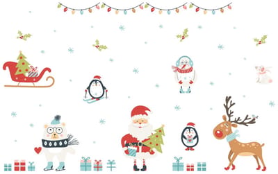 Kerststicker: Kerstman en dieren in de kerstsneeuw, 70 x 105 cm