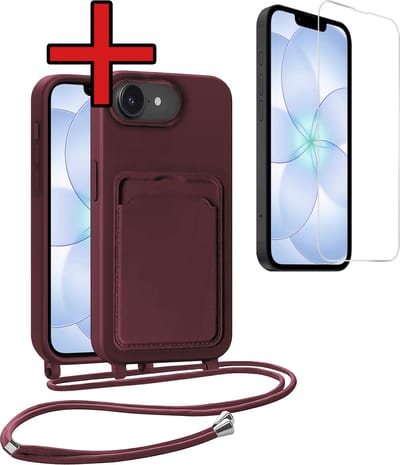Hoesje Geschikt voor iPhone 17e Hoesje Siliconen Case Met Koord Met Screenprotector - Hoes Geschikt voor iPhone 17e Hoesje Backcover Met Telefoonkoord - Aubergine