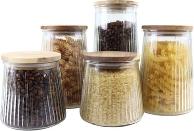 OTIX Voorraadpotten - Glas - met Deksel - Snoeppotten - Set van 5 - Voedselopbergers - Koffiepads Bewaarbus - Acacia Wood - Diverse Maten - SIRIUS