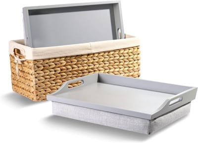 Houten Laptop Tafel met Opbergmand - Comfortabel Werken en Eten - Kalmerend Grijs