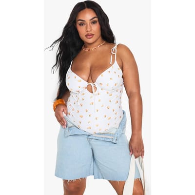boohoo Dames Plus Tangerine Print Bandeau Badpak | Orange | Maat: 22