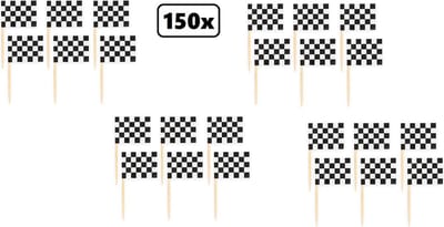 150x Cocktailprikker race zwart/wit geblokt - Finish thema feest festival race formule 1 party prikkers