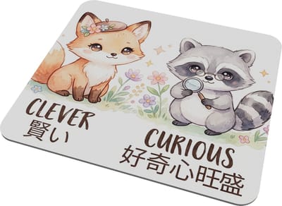 Muismat Kawaii Series - Schattige Vos met Baret en Wasbeer met Loep - Waterverf Bosdieren Design met Japanse Tekst Clever Curious - Leuke Bureau Accessoire voor Thuiswerken - Origineel Cadeau voor haar: Vriendin & Collega - Computer Laptop