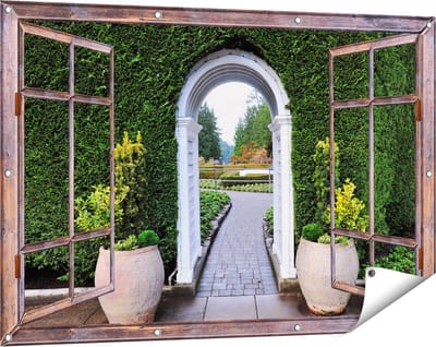 Gards Tuinposter Doorkijk Doorkijk met Potten - 120x80 cm - Tuindoek - Tuindecoratie - Wanddecoratie buiten - Tuinschilderij