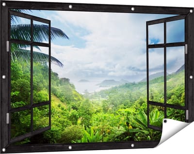 Gards Tuinposter Doorkijk Jungle Uitzicht op de Seychellen - 120x80 cm - Tuindoek - Tuindecoratie - Wanddecoratie buiten - Tuinschilderij