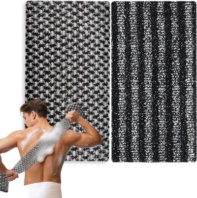 Exfoliërende douchehanddoek van mesh-stripes | 2 stuks 25x100cm lange washandjes voor een verfrissende douche | Unisex zwart, ideaal voor huidverzorging en scrubben