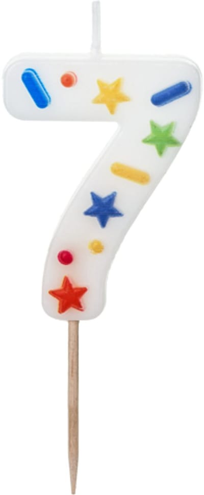 Cijferkaars 7 - Vrolijke confetti print - Taartkaars nummer 7 - Geschikt voor taart, cupcake, etc