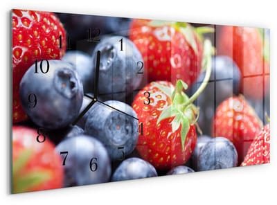 Tulup Wandklok - Bosvruchten Decoratieve Glazen Klok - 60x30 cm - Rood Glazen Wandklok Design - Zwarte Handen - Rechthoekige Wandklok - Glazen Wandklok Design - Klok Glas Met Opdruk