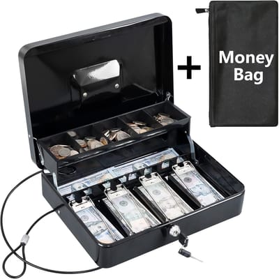 KYODOLED Cash Box met geldbak, sleutelslot geldveilig met beveiligingskabel en waterdichte tas, 11.81L9.45W3.54H inch, zwart X groot