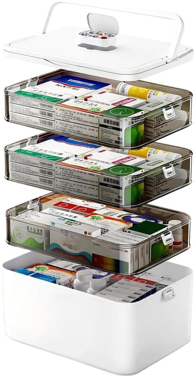 Medicijnbewaring - 4-laags medicijndoos Grote Huisapotheek Doos met handgreep Draagbare Medicijn Organizer Ideaal voor Huishouden en Reizen (30x16.5x27.5cm)