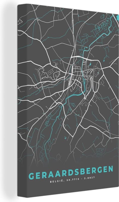 Canvas Schilderij Plattegrond – Geraardsbergen – Blauw – Stadskaart - Kaart - België - 20x30 cm - Wanddecoratie