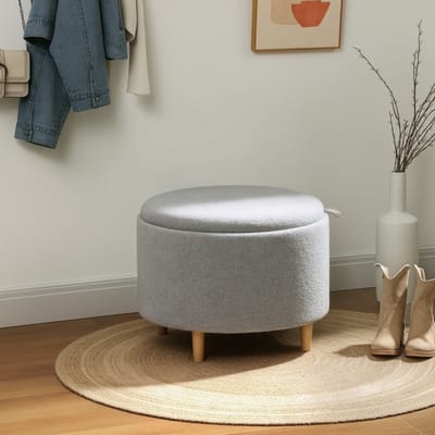 MEUNIQ ronde hocker met opbergruimte 56 x 56 x 42 cm, gestoffeerde voetenbank met omkeerbaar deksel, ook als bijzettafel, voor woonkamer hal of kaptafel, grijs