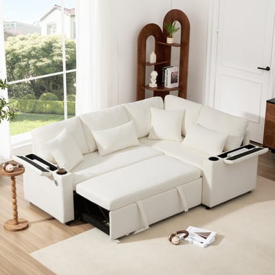 Sofa - L-vormig Uitschuifbaar Hoekbank - Canapé Convertible met Opbergruimte - Met Bekerhouder, USB-poort, Armleuningblad & 4 Kussens - 206x141x86 cm - Voor Woonkamer - Beige