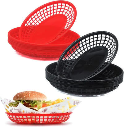 16 herbruikbare plastic voedselmanden voor feestjes en BBQ - Ovale fruitmand en snacklade voor feestaccessoires. Ideaal voor hamburgers, friet, snoep en picknicks in de zomer tuin.