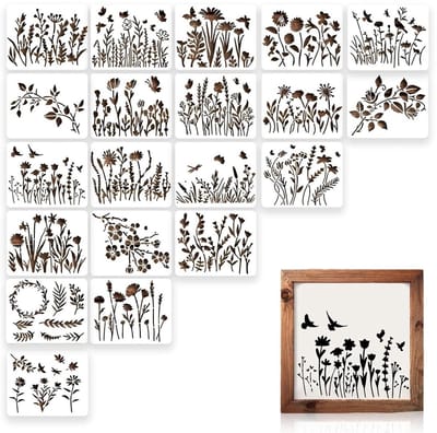 Dailygoods- Bloemsjablonen 20 stuks - Herbruikbare sjablonen - Kunststof stencils - Voor schilderen op hout/muur/canvas - Formaat 15 x 12 cm - Duurzaam PET-materiaal - Schilderstencils