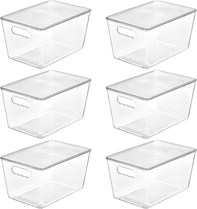 Transparante Stapelbare Opbergdozen met Deksel, Grote Plastic Dozen met Handvat voor Organisatie in Keuken, Badkamer en Berging, Set van 6