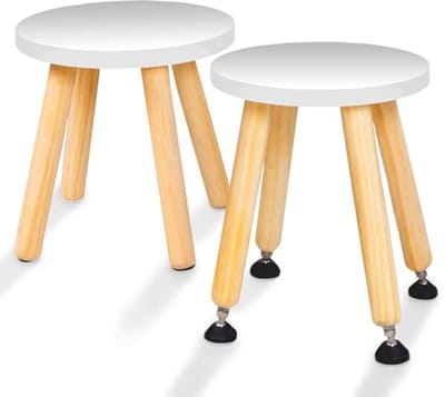 Houten opstapje voor kinderen - set van 2 - wit - uitschuifbare poten - ronde zitkruk met antislipkussentjes