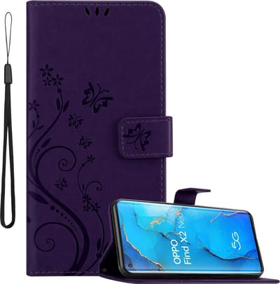 Cadorabo Hoesje geschikt voor Oppo FIND X2 NEO in Paars - Beschermhoes in bloemmotief met magnetische sluiting, standfunctie en kaartsleuven Book Case Cover Etui