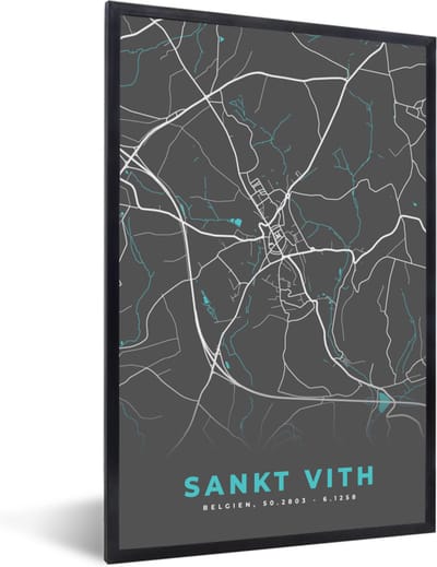 Fotolijst incl. Poster - Plattegrond – Sankt Vith – Blauw – Stadskaart - Kaart - België - 40x60 cm - Posterlijst