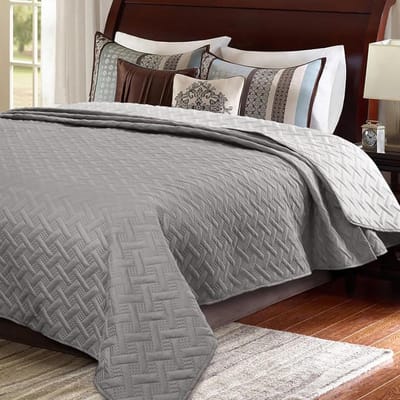 Famanu - Sprei 240x260 cm donkergrijs, omkeerbare bedsprei met geometrisch patchworkpatroon