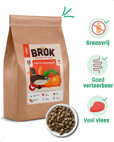 BROK Hondenvoeding - Eend & Sinaasappel - 12 KG Graanvrij Hondenvoer - BROK voor Volwassen Honden - Gezonde Hondenvoeding - Licht Verteerbaar Hondenvoer - Hondenbrokken Met Veel Vlees - Premium Hondenvoer