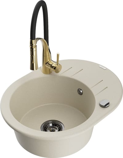 Mexen Kevin granieten gootsteen met 1 kom en afdruiprek en keukenmengkraan Aster, beige - 6517-69-73450-57-B