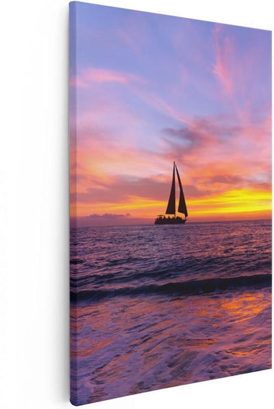 Artaza Canvas Schilderij Zonsondergang Zee - 20x30 cm - Klein - Wanddecoratie Strand - Muurdecoratie Zeilboot - Kamer Accessoires Woonkamer