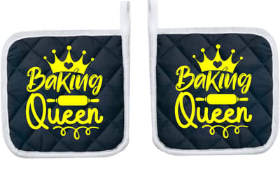 Eizook Pannenlappen 2 Stuks Navy Bedrukt - BAKING QUEEN In GEEL- Zacht Katoen met Polyester Pannenonderzetter Hittebestendige Pannenlap tot 250°C