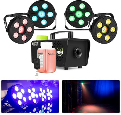 Fuzzix partystarter - Met rookmachine en 4 discolampen - Feestverlichting pakket - Met RGB LED’s