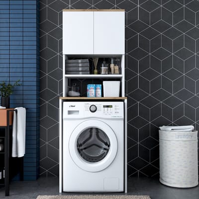 Asir - Wasmachinekast - Wit, walnoot - 100% met melamine gecoat spaanplaat - 65 x 183,6 x 60 cm