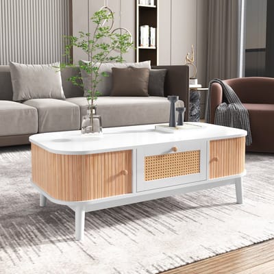 STILVORA Salontafels Koffietafel - Rattan Koffietafel Met Opbergruimte - Massief Hout Poten - Rechthoek Bijzettafel - 110x55x38,5 cm - Massief Hout + Spaanplaat - Wit