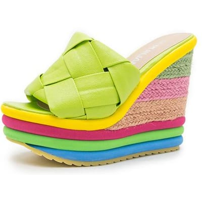 Sandales compensées espadrilles pour femmes, talons hauts de 13 cm, tissage arc-en-ciel, semelle épaisse, chaussures d'été, sandales pour dames, tongs 33 yellow