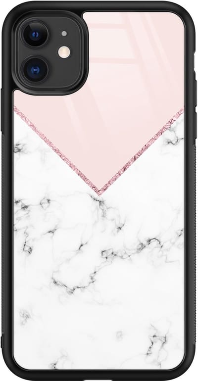 Hoesje geschikt voor iPhone 11 - Marmer roze grijs - Luxe Glazen Hardcase - Hippe print - Roze - Leuke Telefoonhoesjes