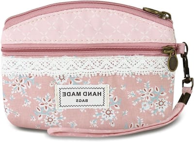 Vrouwelijke mini munttasje met 2 ritszakken, bloemenpatroon, katoen, ideaal voor kleingeld en coins, trendy en praktisch, roze-B