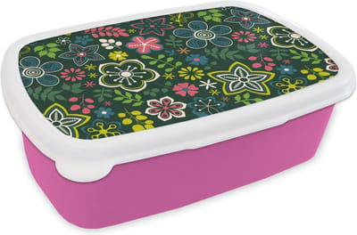 Broodtrommel Roze - Lunchbox - Brooddoos - Bladeren - Patronen - Bloemen - 18x12x6 cm - Kinderen - Meisje