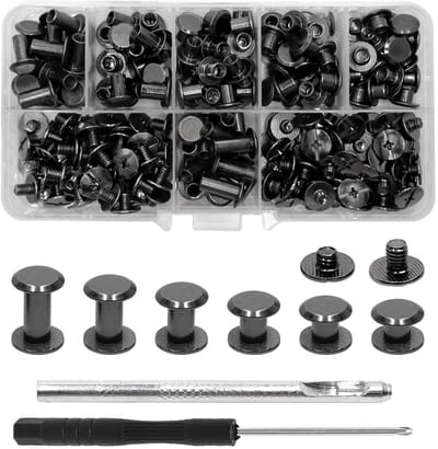 110 Sets Chicago Screws M5 Platkop Riviertjes 4/5/6/8/10/12mm Grijze Bevestigingsschroeven voor Leerbewerking en Creatieve Projecten