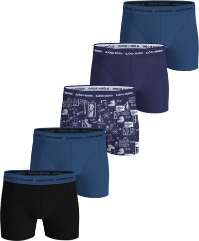 Björn Borg Cotton Stretch boxers - heren boxers normale lengte (5-pack) - blauw - donkerblauw - print - blauw - zwart