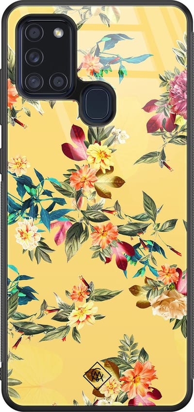 Casimoda® hoesje - Geschikt voor Samsung Galaxy A21s - Bloemen geel flowers - Luxe Hard Case Zwart - Backcover telefoonhoesje - Geel