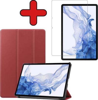 Hoesje - Geschikt voor Samsung Galaxy Tab S8 - Met Screenprotector - Hardcover Book Case - Trifold Bookcase Hoes - Hard Cover - Tablethoes - Donkerrood