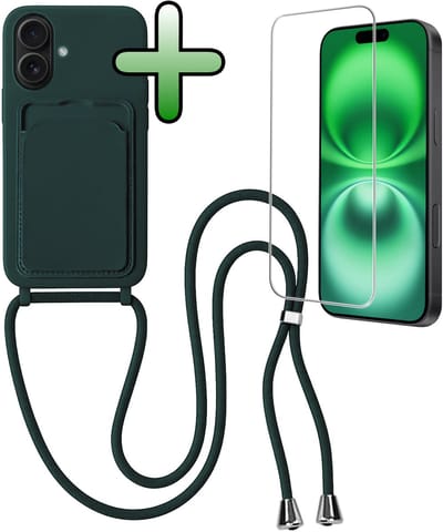 Hoes Geschikt voor iPhone 16 Plus Hoesje Pas Houder Case Hoes Met Koord Met Screenprotector - Hoesje Geschikt voor iPhone 16 Plus Hoes Met Telefoonkoord Pasjeshouder Cover - Donkergroen