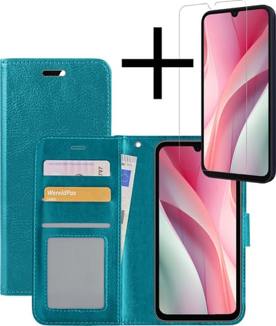 Hoesje - Met Screenprotector - Geschikt voor Samsung Galaxy A15 - Luxe Pasjeshouder - Bookcase Portemonee - Flip Case - Kunstleer Book Case - Flipcase - Book Cover - Walletcase - Portemonneehoes - Turquoise