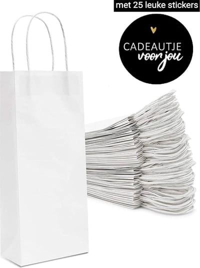 25 x Wijntas 14+8x39cm voor 1 Fles Wit + stickers "Cadeautje voor jou"/Flestas papier / Cadeauverpakking /draagtas voor Fles/wijn / Fleszak · Fles zak-Geschenktas-Flesverpakking-Cadeautas-Verjaardag-Kerst
