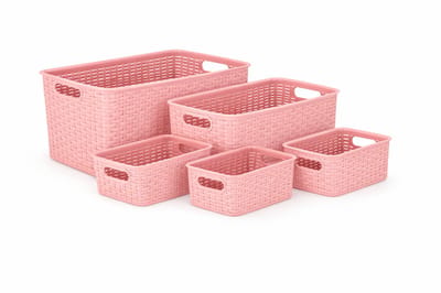 Opbergmand Set Roze (5-Delig) – 28,5L, 18L, 12L, 10L en 6L – Mandjes Riet Look Opbergdozen – Kast Organizer, Kinderkamer en Keukenkast Organizer