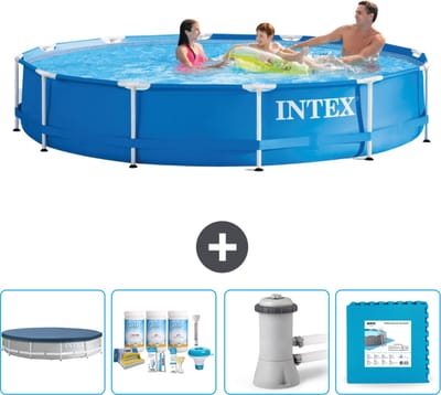 Intex Rond Frame Zwembad - 366 x 76 cm - Blauw - Inclusief Afdekzeil - Onderhoudspakket - Zwembadfilterpomp - Vloertegels