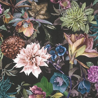 Bloemen behang Profhome 381757-GU glad vliesbehang zonder structuur met bloemmotief mat zwart roze turkooisblauw olijfgroen 5,33 m2