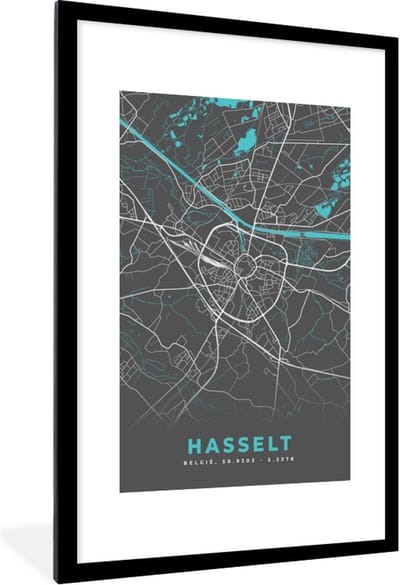 Fotolijst incl. Poster - België – Hasselt – Stadskaart – Kaart – Blauw – Plattegrond - 80x120 cm - Posterlijst
