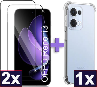 Casemania Hoesje & Glas Geschikt voor Oppo Reno 13 - Transparant & 2x Glazen Screenprotector - Anti Shock Hybrid Back Cover