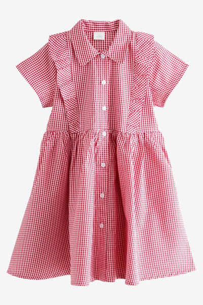 Next - Meisjes - Gingham schooljurk met ruches en hoog aandeel katoen - Rood