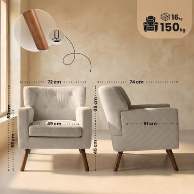 CLP Kioni Fauteuil - met armleuning - volwassen - relax - landelijk - stoelpoten van hout - ribstof - corduroy - creme